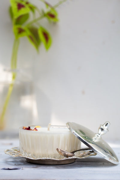 קערת זכוכית עם מכסה וציפוי כסף